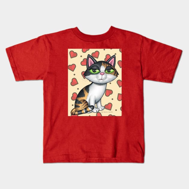 Beautiful Calico Kitty with Red Hearts Kids T-Shirt by Danny Gordon Art